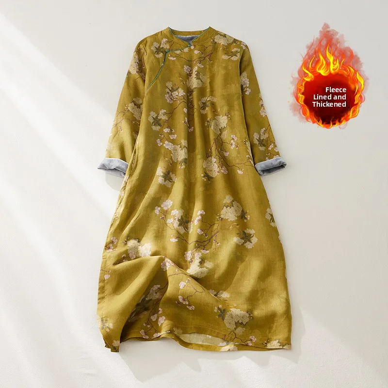 Vestido de manga larga de lino y algodón grueso con bolsillos, cuello alto, estilo étnico, talla grande, ropa de mujer, falda...