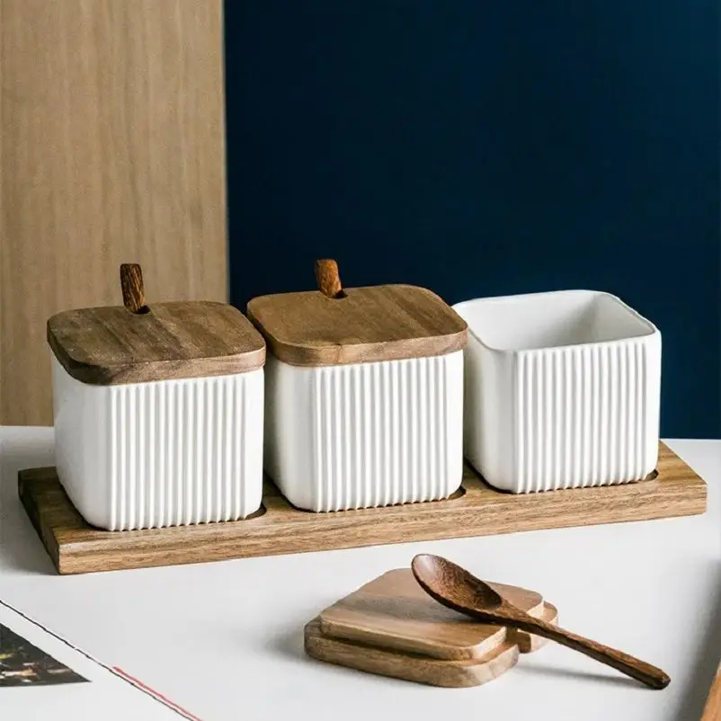 Square Vertical Ceramic Seasoning Jar Matte Color Glaze Salt Sugar Spice Jar (no tray, no spoon)