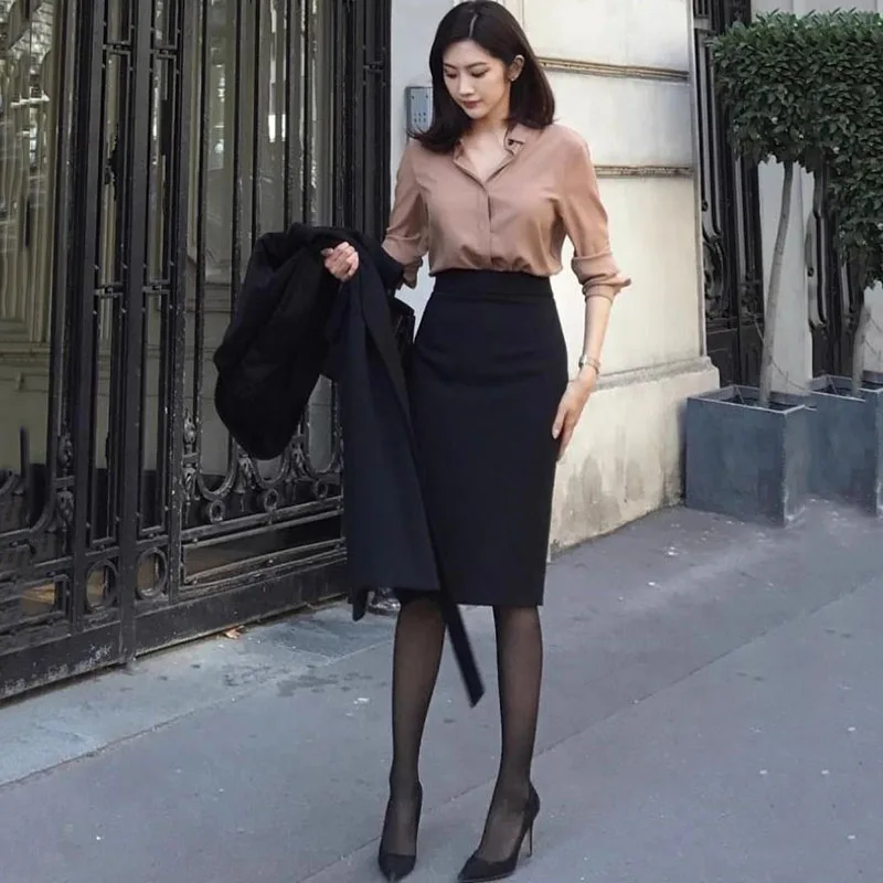 Elegante Hohe Taille Büro Dame Bleistift Rock Koreanische Mode Slim Fit Paket Hüfte Midi Röcke Frauen Einfarbig Alle-spiel Röcke – Detail 4