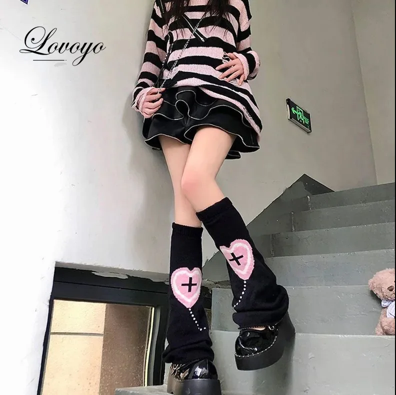 INS Cross Leg Warmers Women Harajuku Warm Pile Socks Kawaii Knit Love Foot Warmers Y2K Lingerie Accessories Calf Knee Socks