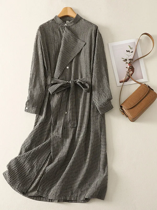 

Повседневная длинная юбка миди с воротником-стойкой, свободного кроя, комфортная, А-силуэт, дизайнерская, в клетку, высококачественная, ретро...