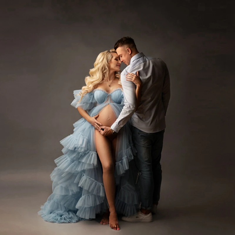 Ładne kochanie siateczkowe sukienki ciążowe Off The Shoulder Ruffles warstwowe tiulowa sukienka ciążowa z rozcięciem z przodu tiulowa sukienka fotograficzna