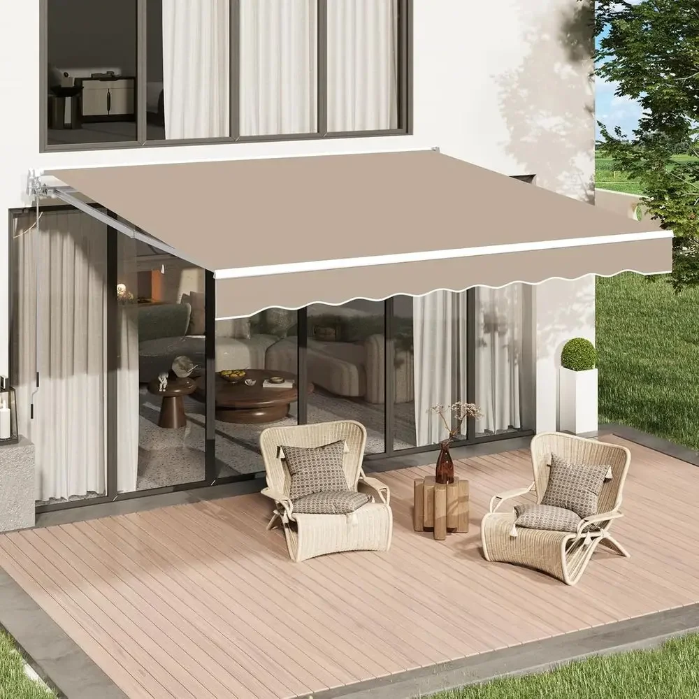 10'x8' Manual Retractable Awning, Water-Resistant Polyester, Crank Handle for Outdoor Spaces