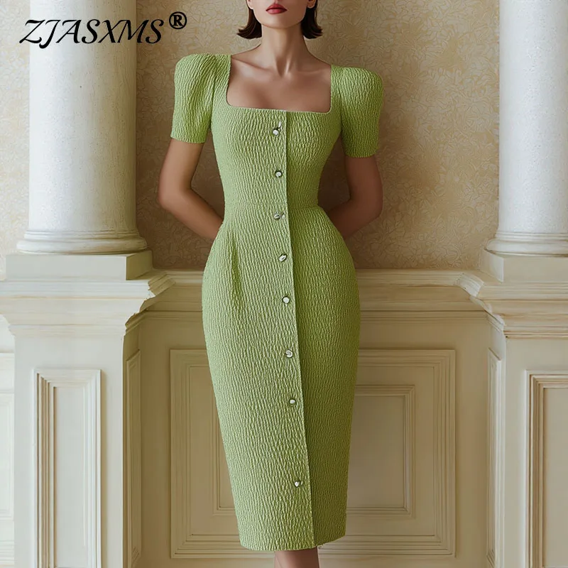 Women Textured Midi Dress Square Neck Short Sleeve Front Decorative Buttons Slim Pencil Dress Elegant Wedding Guest Office Dress