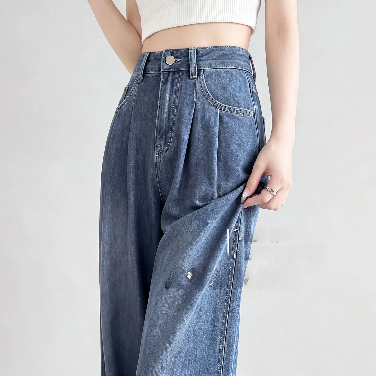 

High Waist Slim Fit Straight Leg Jeans Women's New Summer Ice Silk Wide Leg Pants Thin Version Classic Blue Jeans