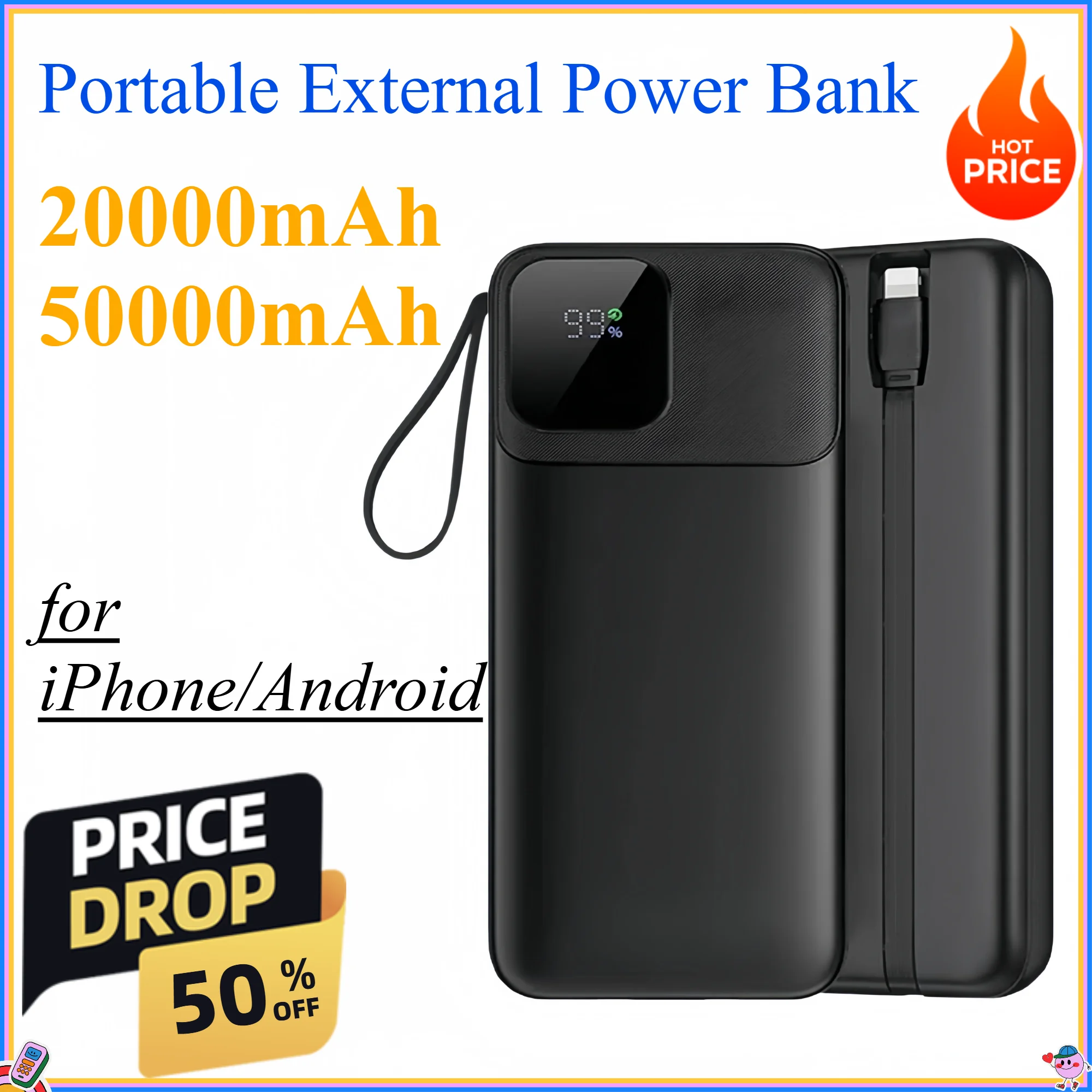Batería Externa Portátil de 20000mAh 50000mAh, Cargador Portátil de Carga Rápida para iPhone, Xiaomi, Redmi, Poco, Powerbank