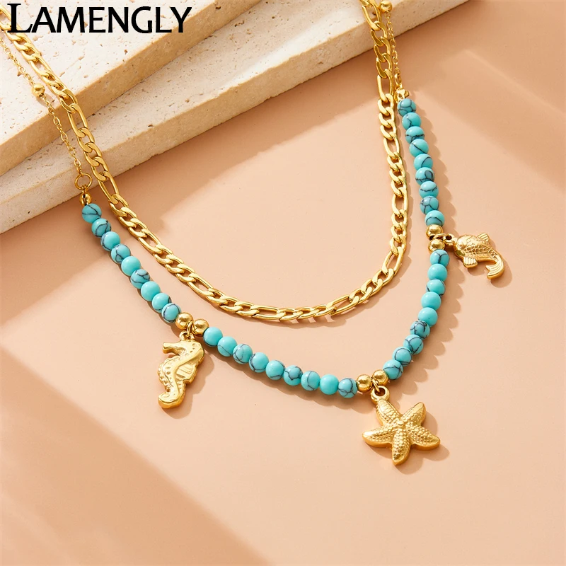 

LAMENGLY High Quality316l Stainless Steel Blue Bead Seahorse Starfish Fish Pendant Necklace Novel Trend Women Fashion Party Gift