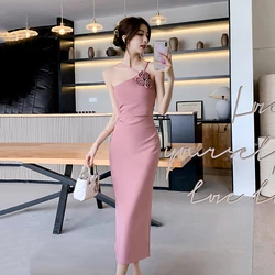 Korean Elegant Party Sleeveless Midi Dresses for Women 2024 Summer New Bodycon Backless Split Evening Birthday Female Clothing