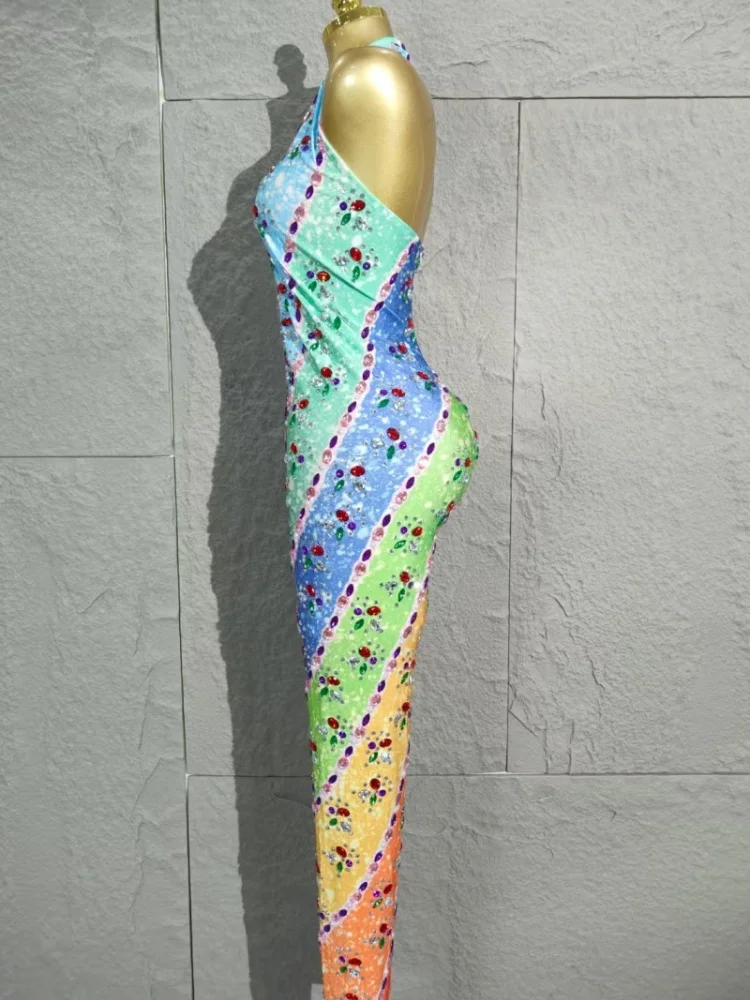 

Luxurious Women Sleeveless Sexy Halter Crystals High Stretch Bodycon Jumpsuit Celerbrate Bar Dancer Performance Costumes Stage