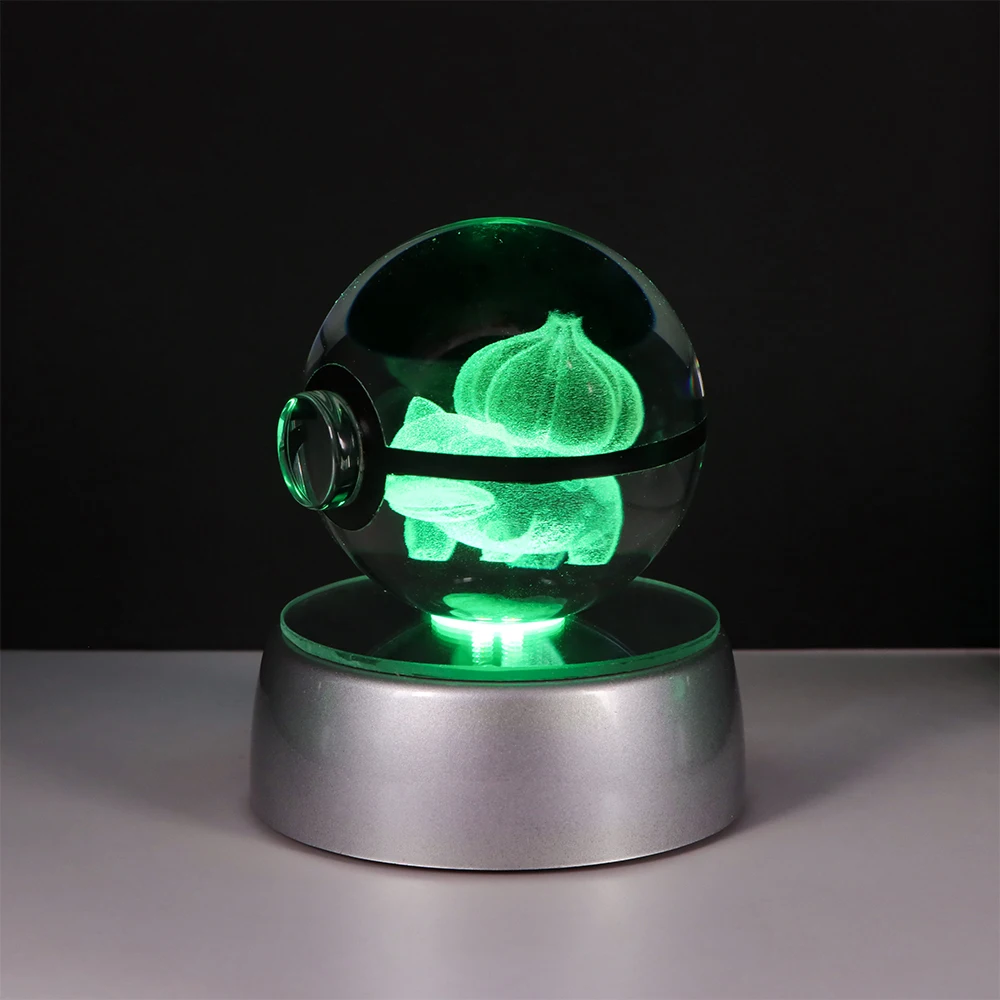 Pokemon 3D Kristallkugel Pikachu Figur Pokeball Gravur Kristall Glurak Modell mit LED-Lichtbasis Spielzeug Anime Weihnachtsgeschenk