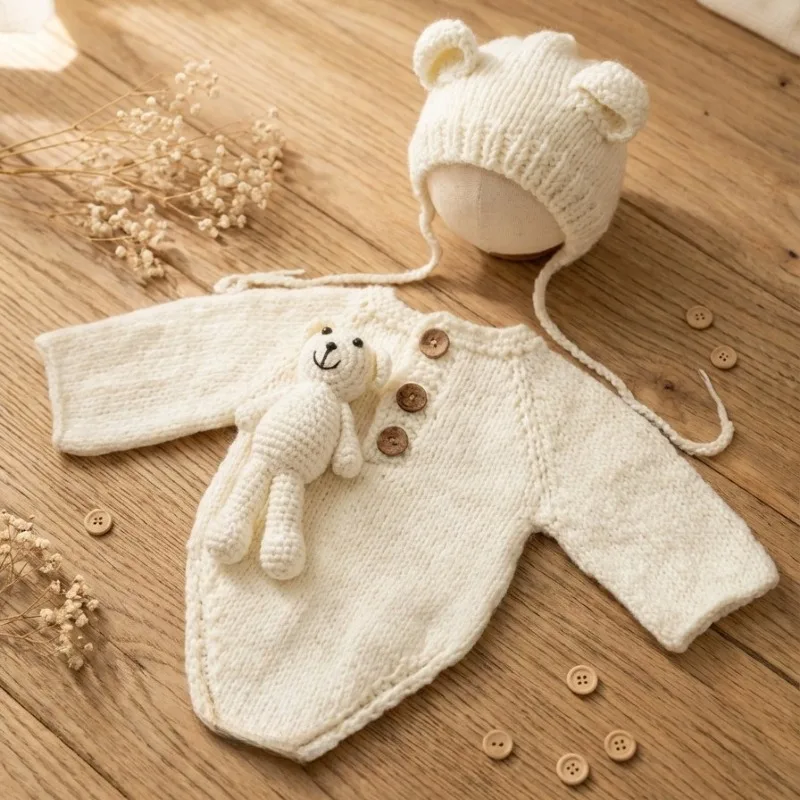Accesorios de Fotografía para Bebés Recién Nacidos Tejidos a Mano, Bonito Conjunto de 3 Piezas con Tema de Oso, Gorro, Mameluco y Juguete, Atuendos para Sesiones de Fotos en Estudio Infantil
