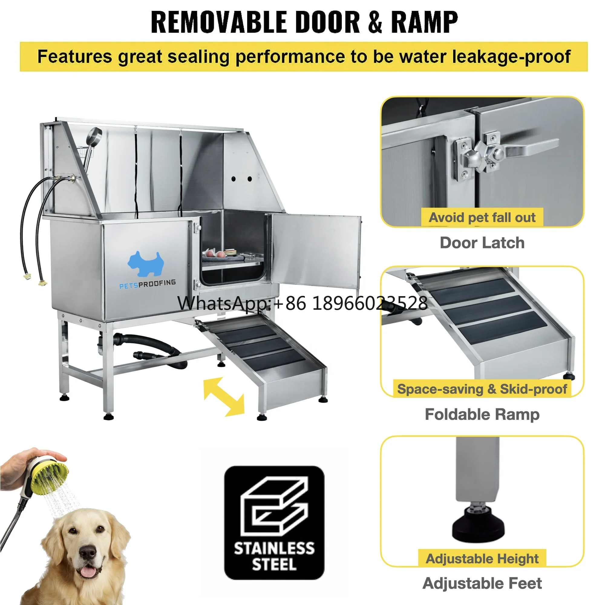 Professional 50-Inch Large Stainless Steel Pet Dog Wash Tub Faucet Multifunction Bathing Grooming Walk-in Ramp Sustainable