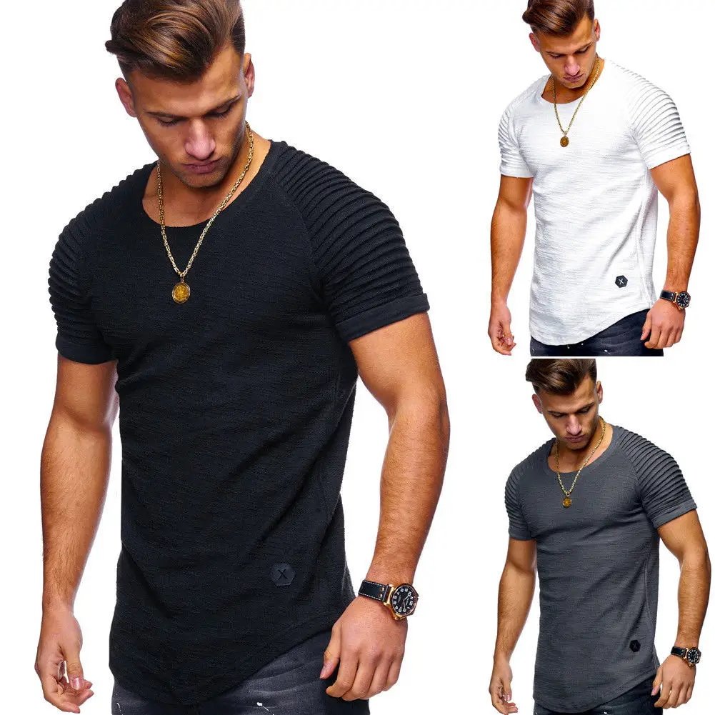 2023 Casual Men\'s T-Shirts Pleated Wrinkled Slim Fit O Neck Short Sleeve Muscle Solid Casual Tops Shirts Summer Basic Tee New