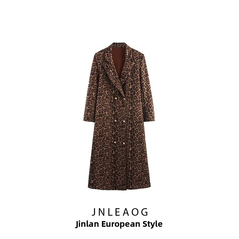 

JNLEAOG Spring Autumn Winter Leopard Print Double Breasted Briti Sle Women's Coat Long Sve Suit Collar Polyester Fiber