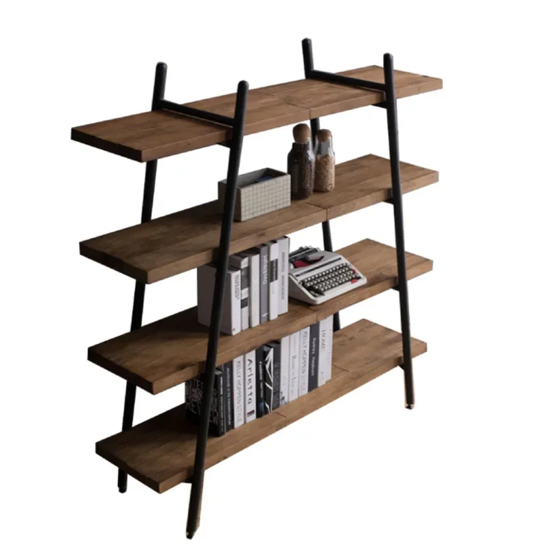 

log bookshelf, wrought iron shelf, floor-to-ceiling against the wall, simple solid wood living room, multi-layer one-word board