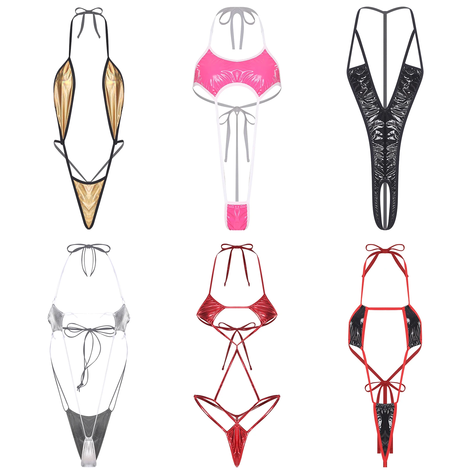 

Womens Shiny Metallic Extreme Micro Monokini Lace-up Halter Neck T-back Bodysuit Sling Shot Leotard One Piece Lingerie Nightwea