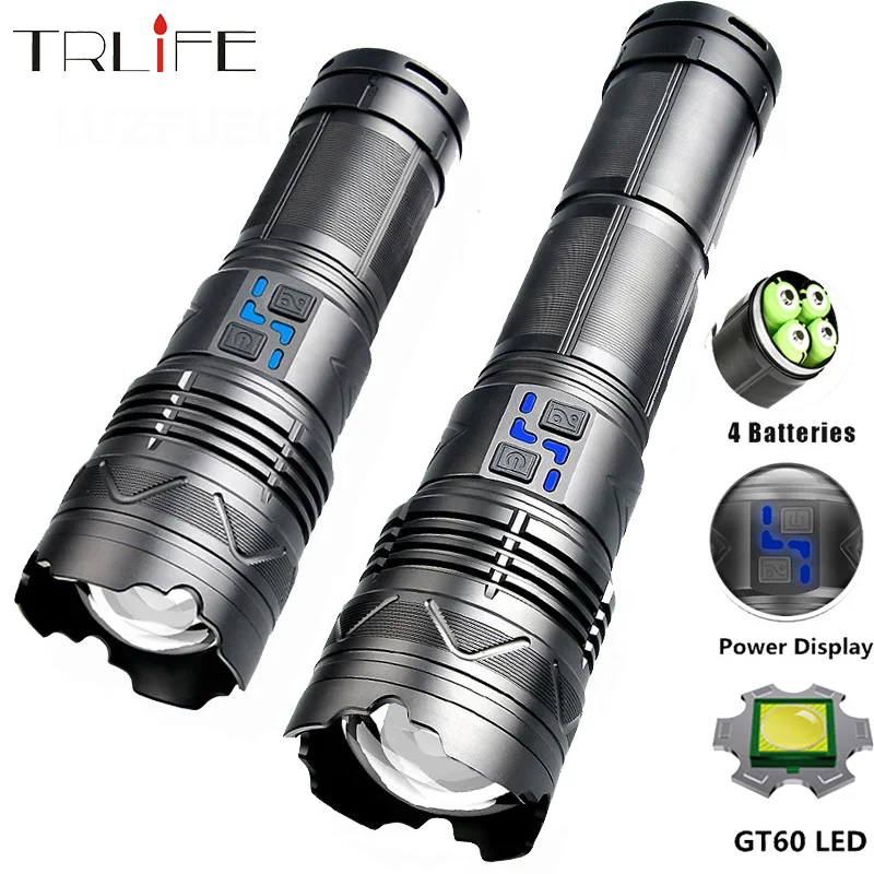 

High Power 75W GT60 LED Flashlight Super Bright Spotlight Long Range Zoomable Emergency Torch Outdoor Searchlight Power Display