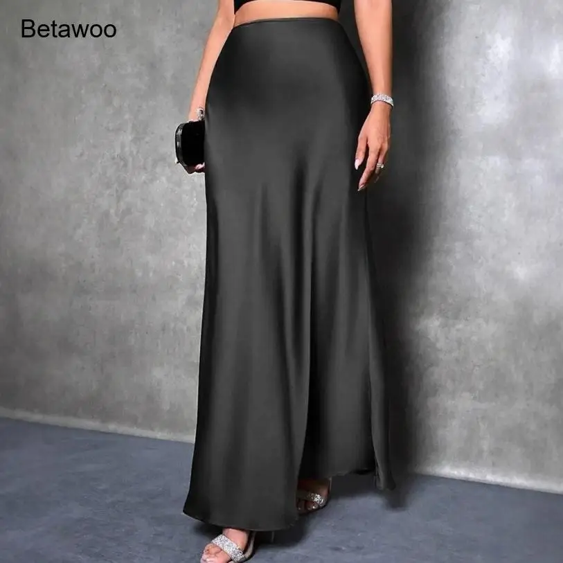 Falda Larga de Raso Negro para Mujer, Estilo Sirena, Cintura Alta, Elegante, para Fiesta