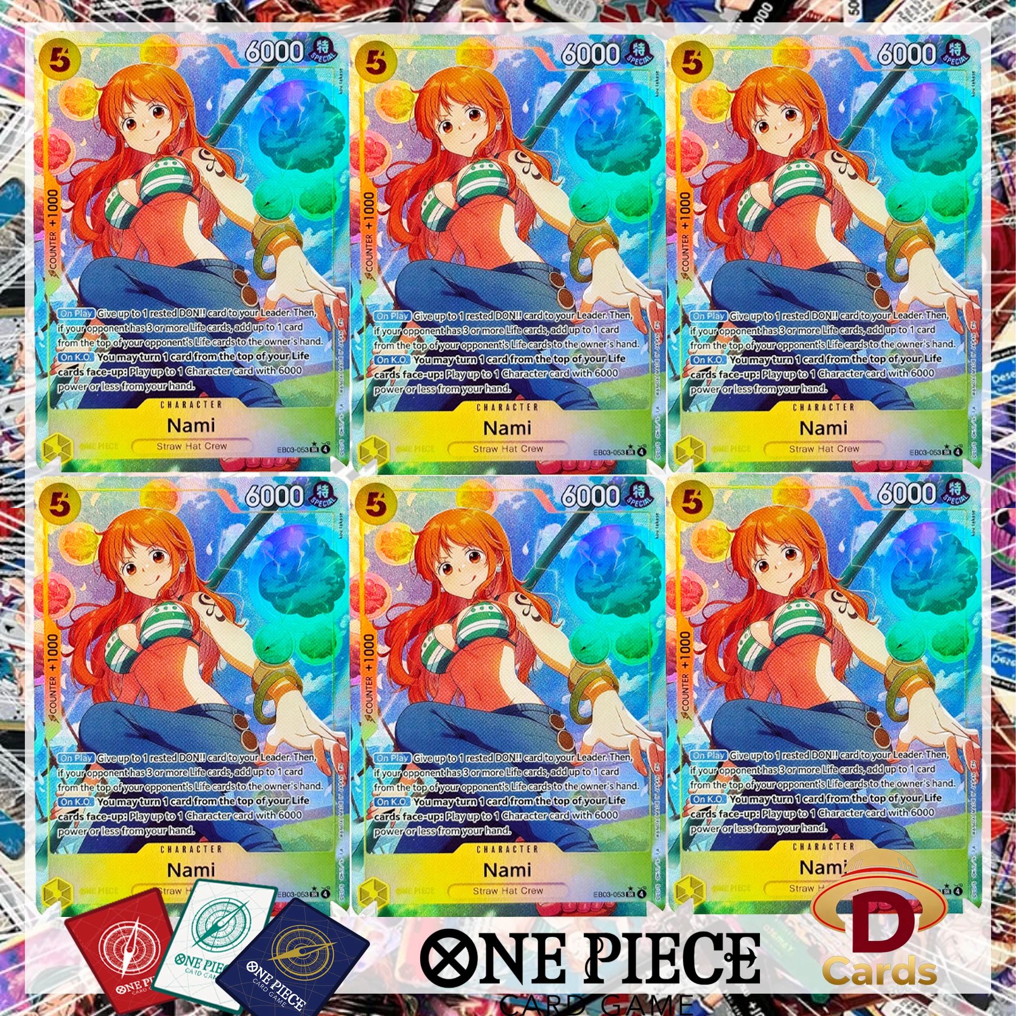 One Piece Charakterkarte Strohhut-Crew Nami 053 SR Alternative Grafik EB-03 mit Folien-Textur Replikat Proxy Anime Sammelkarten