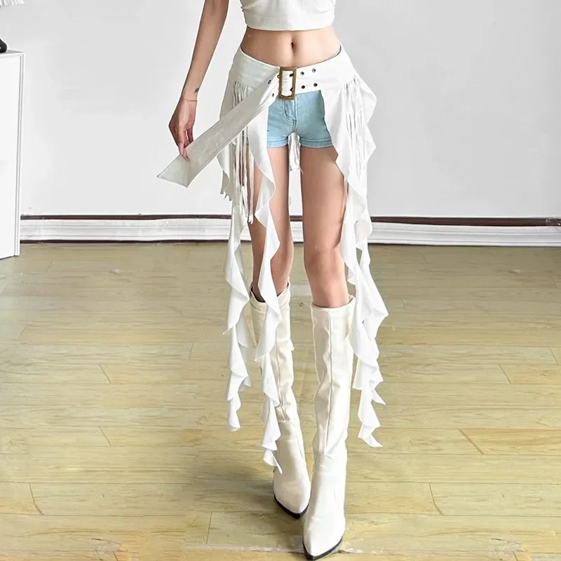 Womens Irregular Fringe Ruffle Skirt High Waist Belted Flowy Design For Party