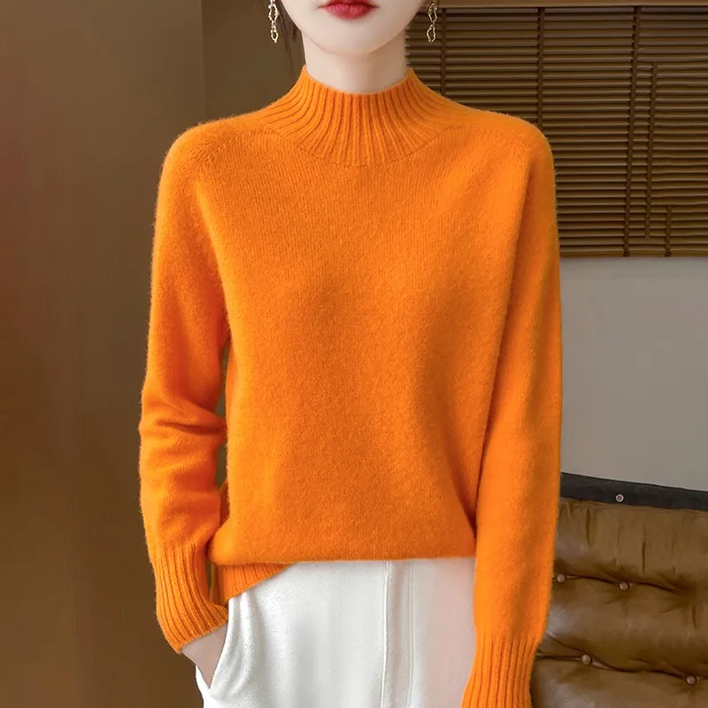 100% wool sweater with thickened half high collar pullover sweater for women in autumn and winter, loose knit, fruit green color