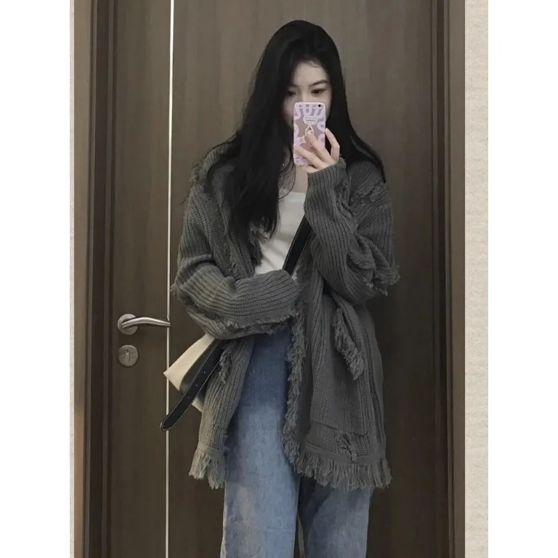 QWEEK Vintage Sweater Harajuku Fashion Women\'s Jumper Oversize Cardigans Korean Streetwear New Knitted Grey Sweaters Autumn Chic