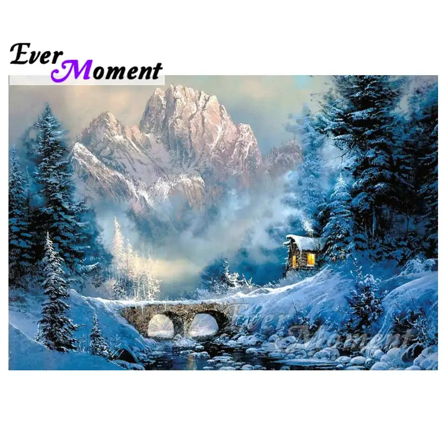 Ever Moment Diamond Painting Scenery Snow Mountain House Bridge Diamond Embroidery Picture Mosaic Home Decor Handmade S2F019