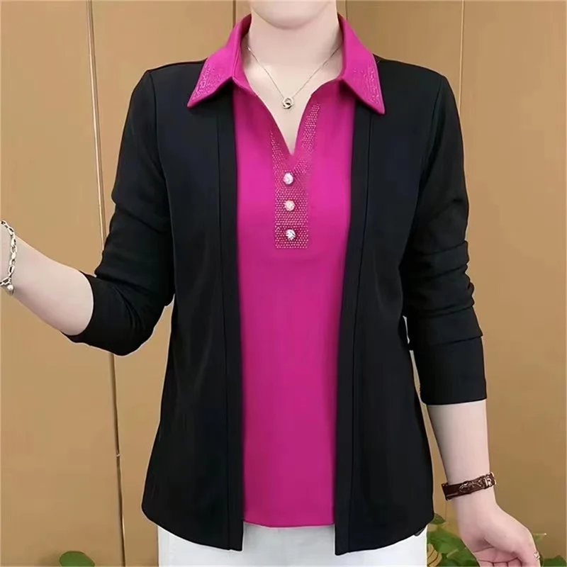 6XL Fashion Middle Aged Elderly Mothers' T-shirts Fake Two Tiktok Clothes Spring And Autumn Shirt Long Sleeves Shirt Black Coat