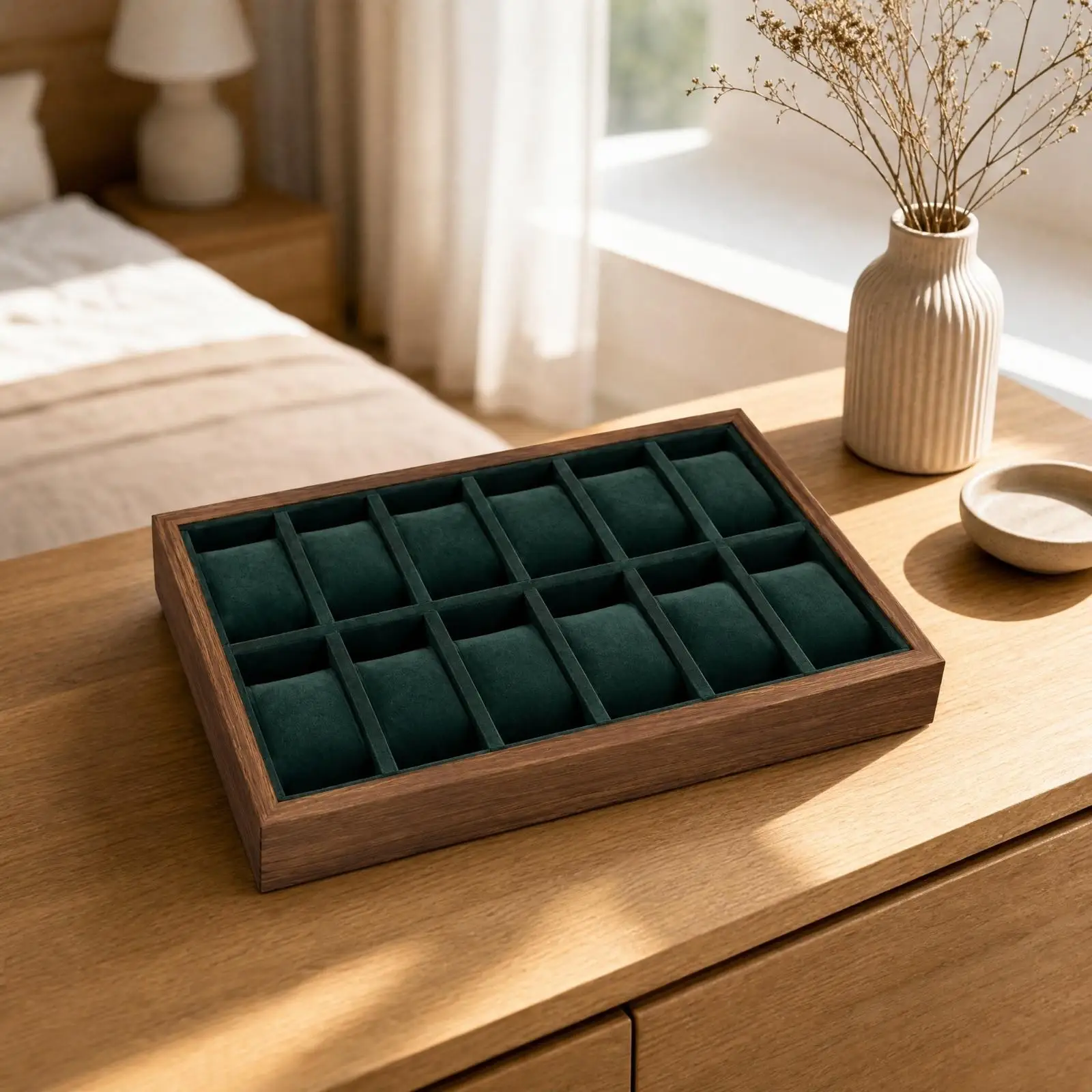 Leather Walnut Jewelry Display Tray for Watch Enthusiasts Storage Organizer with Scratch Resistant Interior