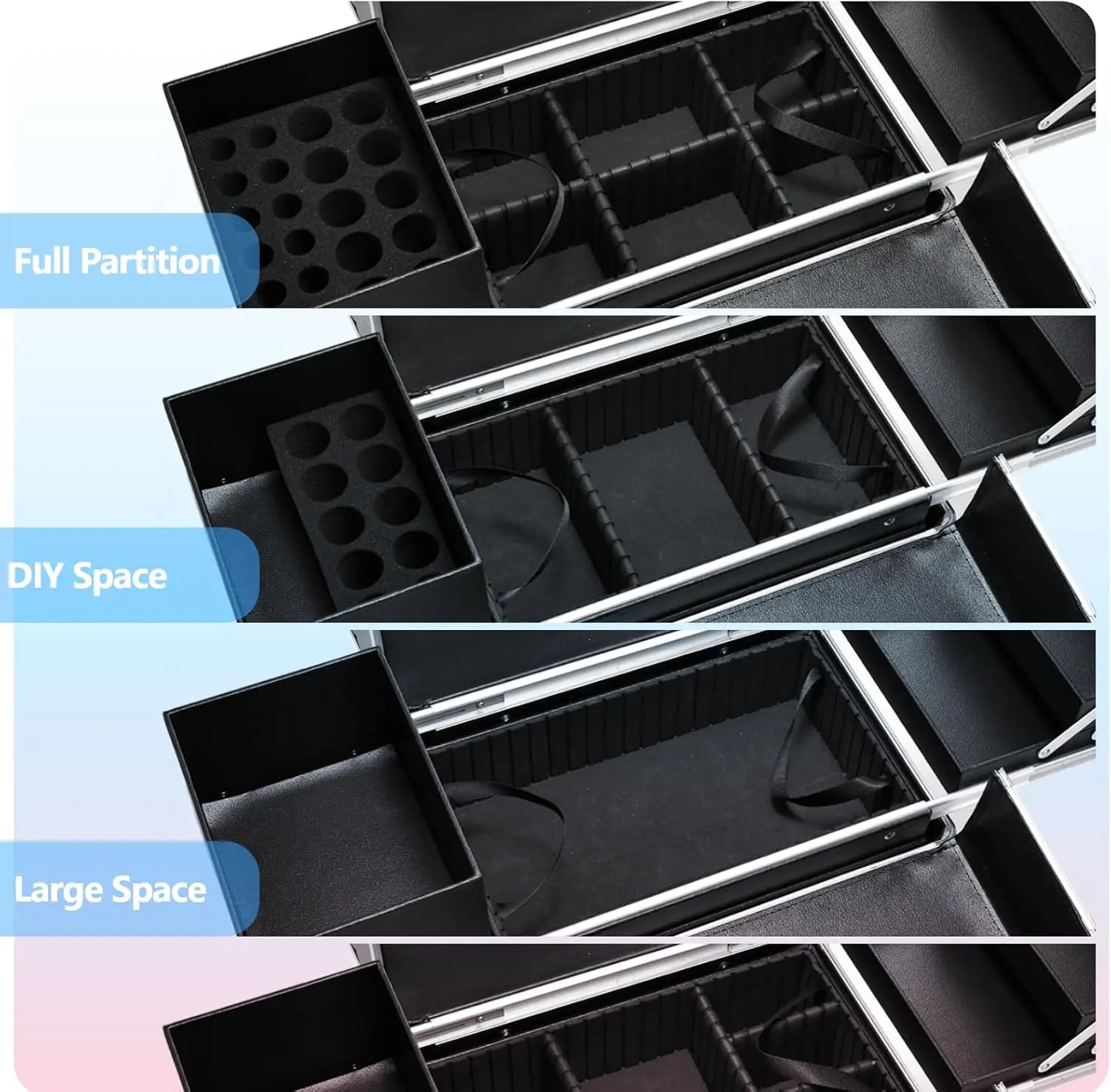 Rolling Makeup Train Case Large Storage Cosmetic Trolley 4 Tray with Sliding Rail Removable Middle Layer with Key Swivel Wheels