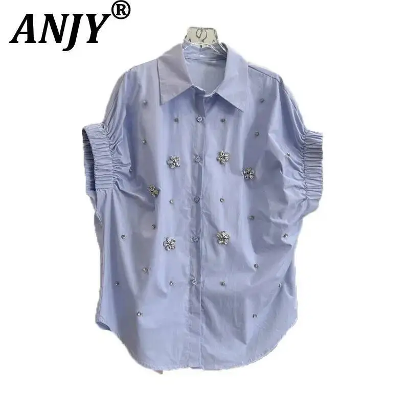 

ANJY Summer New Women Tide Niche Design Heavy Embroidered Flares Loose Shirt Trendy Solid Color Casual High Street Blouse A23760