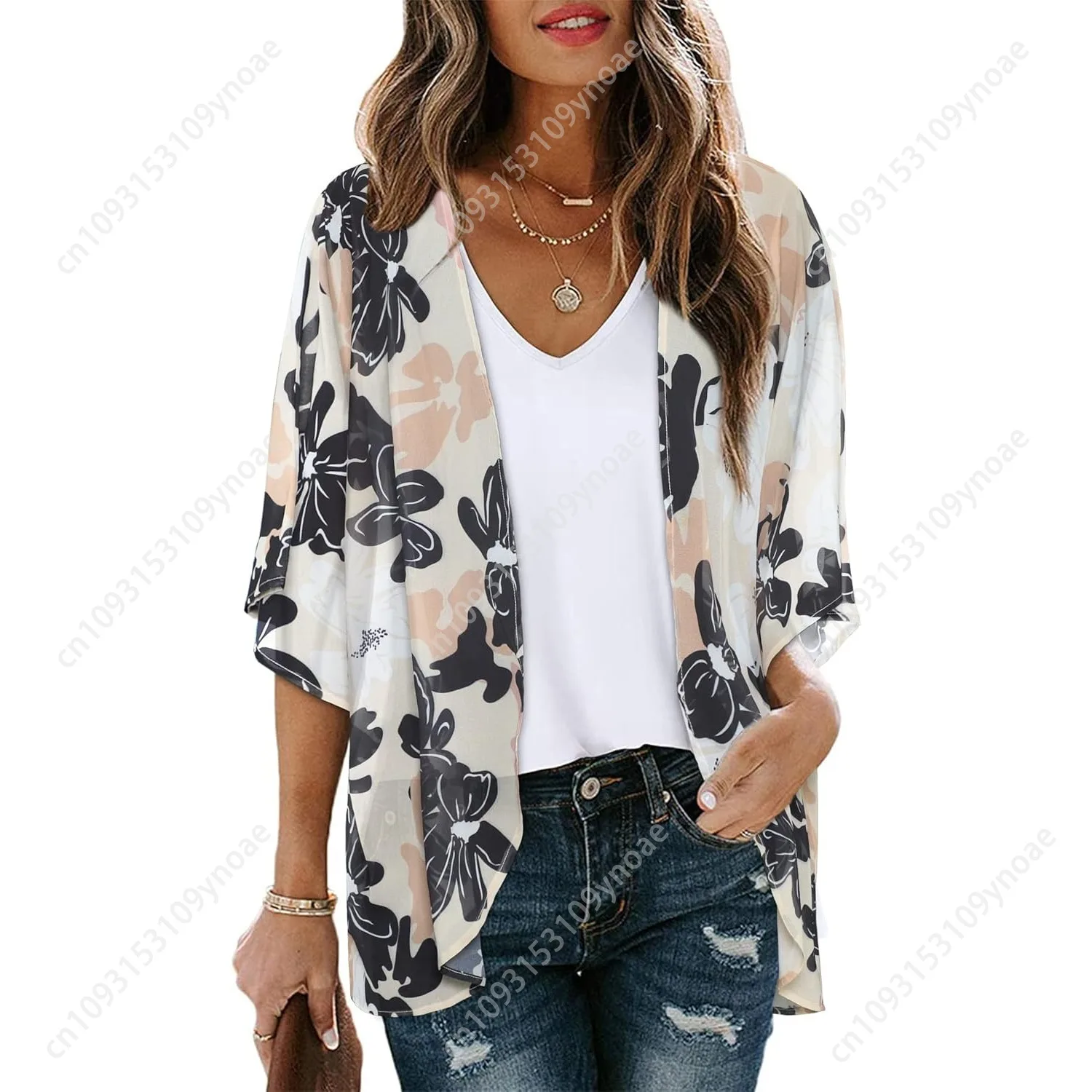 Vintage Floral Loose Cover Up Women Puff Sleeve Kimono Cardigan Silk Half Sleeves Casual T Shirt Swimsuit Cover Up Tops Fashion