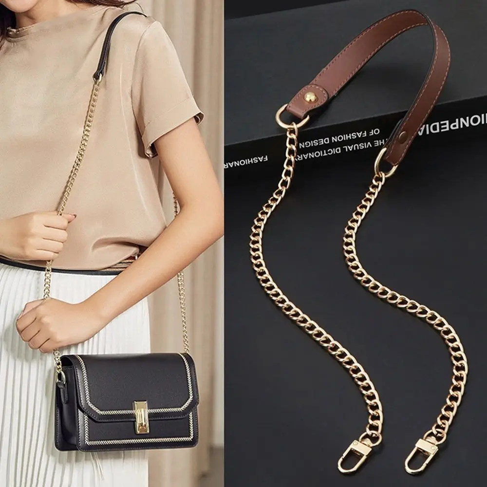 DIY 120cm Replacement Shoulder Crossbody Bag Strap Black PU Leather Handle with Metal Chains