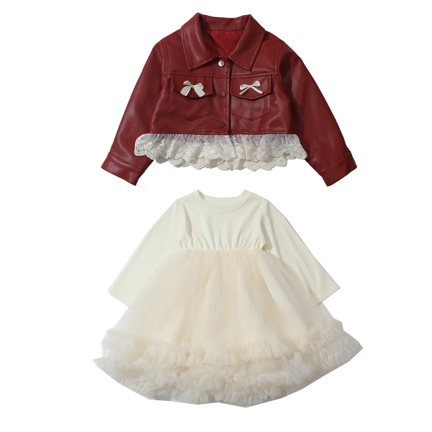 2026 Spring Girls 2 Piece Set, Lace Faux Leather Jacket & Long Sleeve Mesh Cake Dress Princess Outfit for 100-150cm
