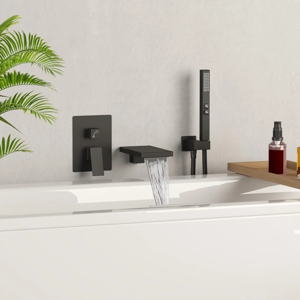 ก๊อกน้ำอ่างอาบน้ำแบบติดผนังพร้อมพวยน้ำแบบน้ำตกและฝักบัวแบบมือถือ ระบบเติมน้ำอ่างอาบน้ำในห้องน้ำ