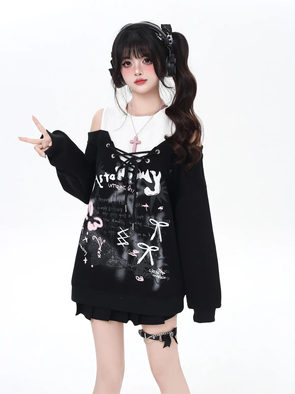 Fashion Sweet Cool Girl Patchwork Round Neck Off-Shoulder Long Sleeve Lace-up Loose Casual Letter Print Sweatshirt Women Autumn