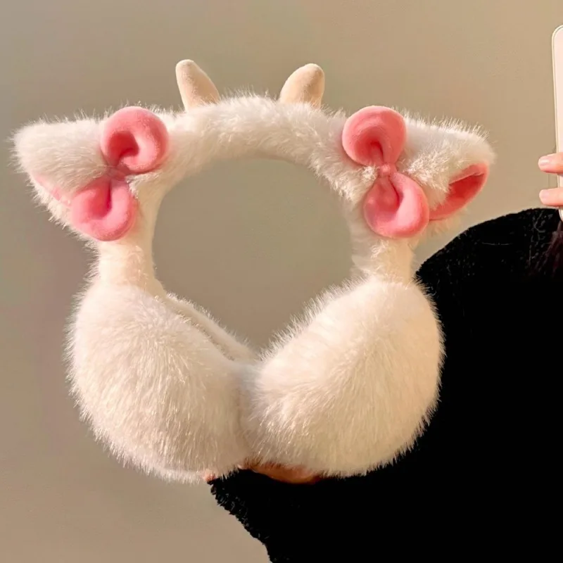 Kawaii Little Sheep Horn Monster Foldable Faux Fur Earmuffs for Adults, Cute Bow Plush Ear Warmers, Y2K Winter Fluffy Ear Muffs