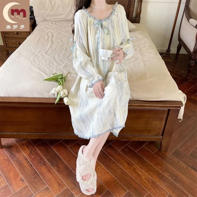 100% Cotton Pajamas Female Spring and Autumn Long Sleeve Kawaii Can Be Worn Outside Loose Solid Color Summer Dress