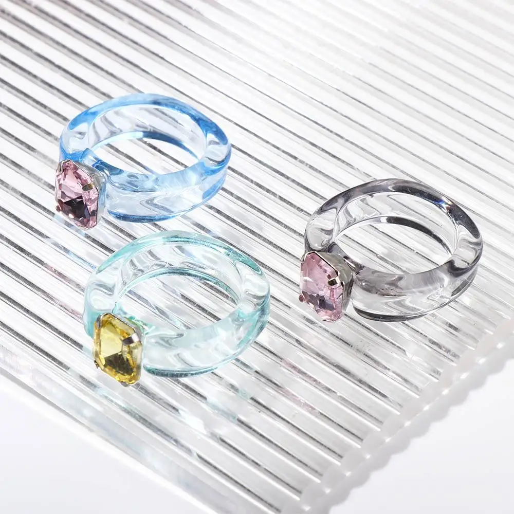 Vintage Trendy Cool Rhinestone Women Jelly Color Resin Rings Fashion Jewelry Finger Ring Transparent