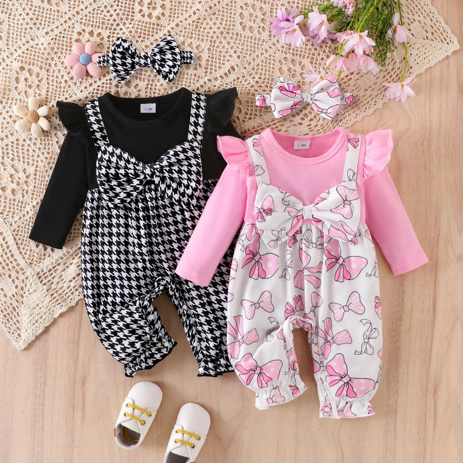 

Girl Clothes Newborn Baby Girls Long Sleeve Printed Bodysuit With Headband Outfits Set Fall Casual Loose Comfy Apparel For Kid