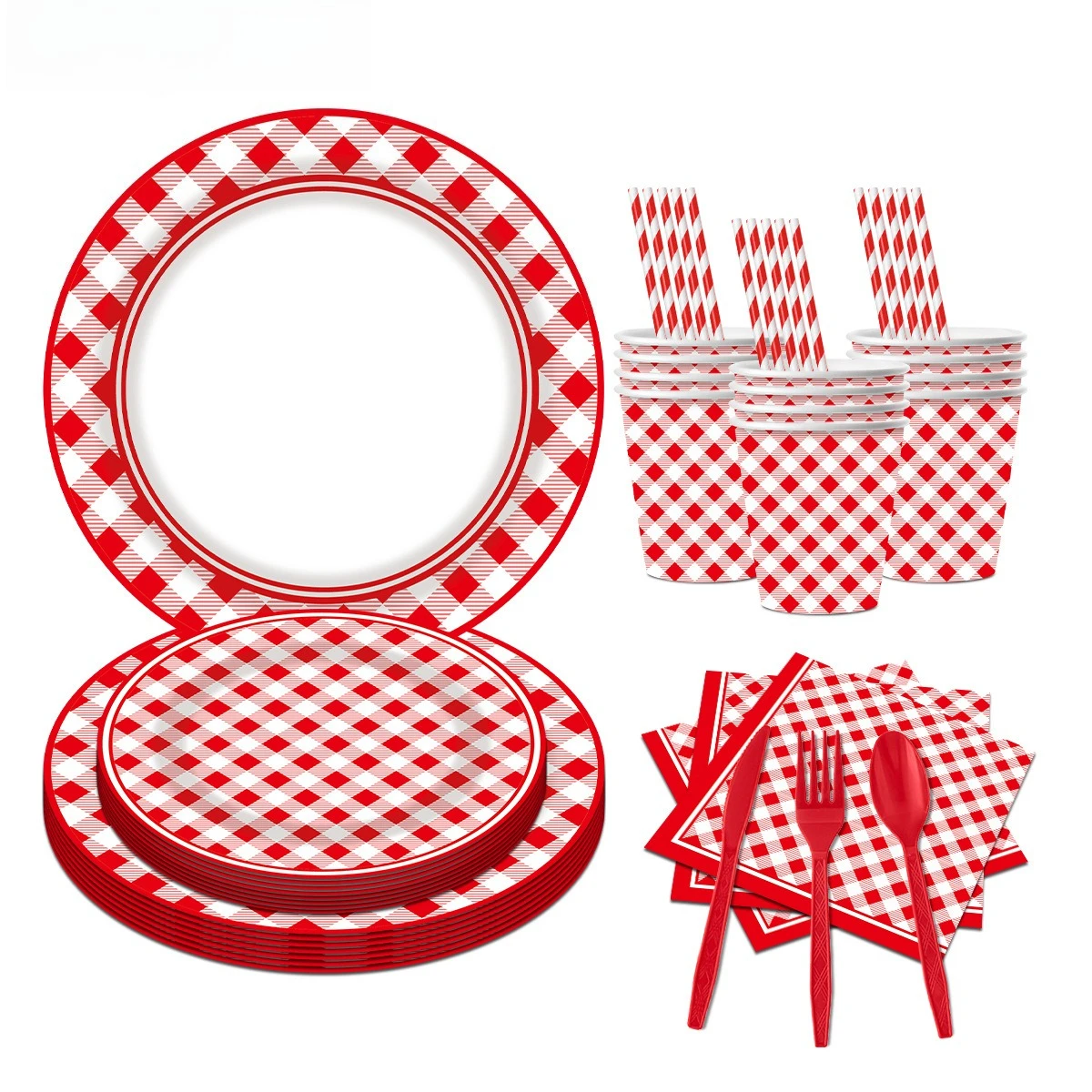 Vaisselle de fête à carreaux rouges, 240 pièces, assiettes en papier jetables pour fête d'anniversaire, gobelets, couteaux, fourchettes, cuillères, ensemble de paysages décoratifs