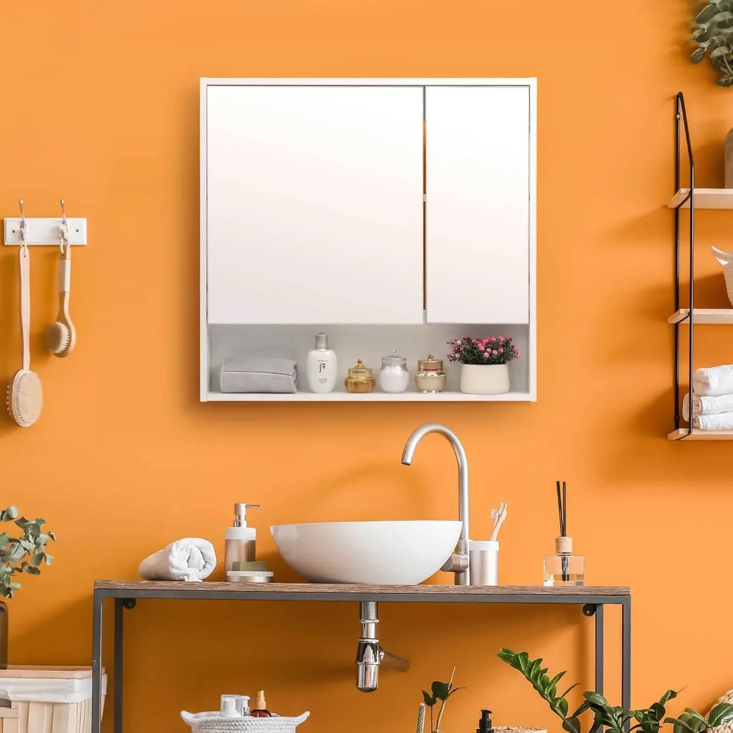 Medicine Cabinet with Mirror and Shelves, Bathroom Wood Wall Cabinet Over The Toilet, Vanity, (No Back Board), Recesse