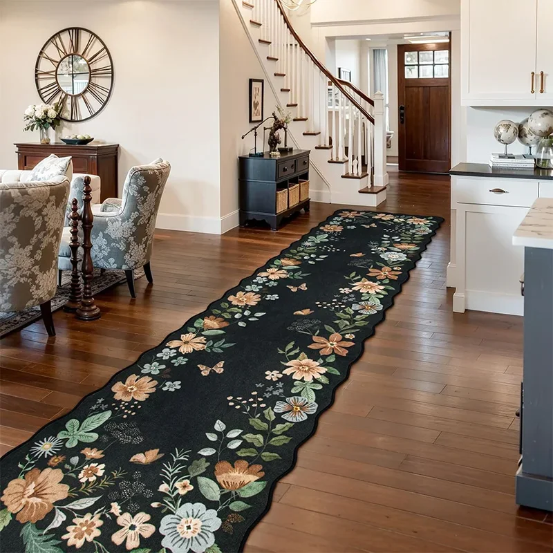 

Corridor Luxury Retro Floral Carpet Wavy Long Non-slip Running Mat Machine Washable Soft Comfortable Bohemian Style Plush Rugs