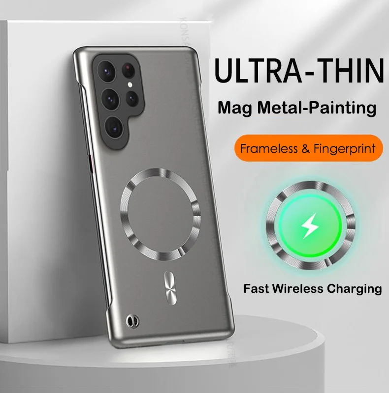 Metal Paint Frameless Case For Samsung A55 A56 S25 Edge S24 S23 S22 S21 S20 FE Plus Note 20 Ultra Magnetic Wireless Charge Cover