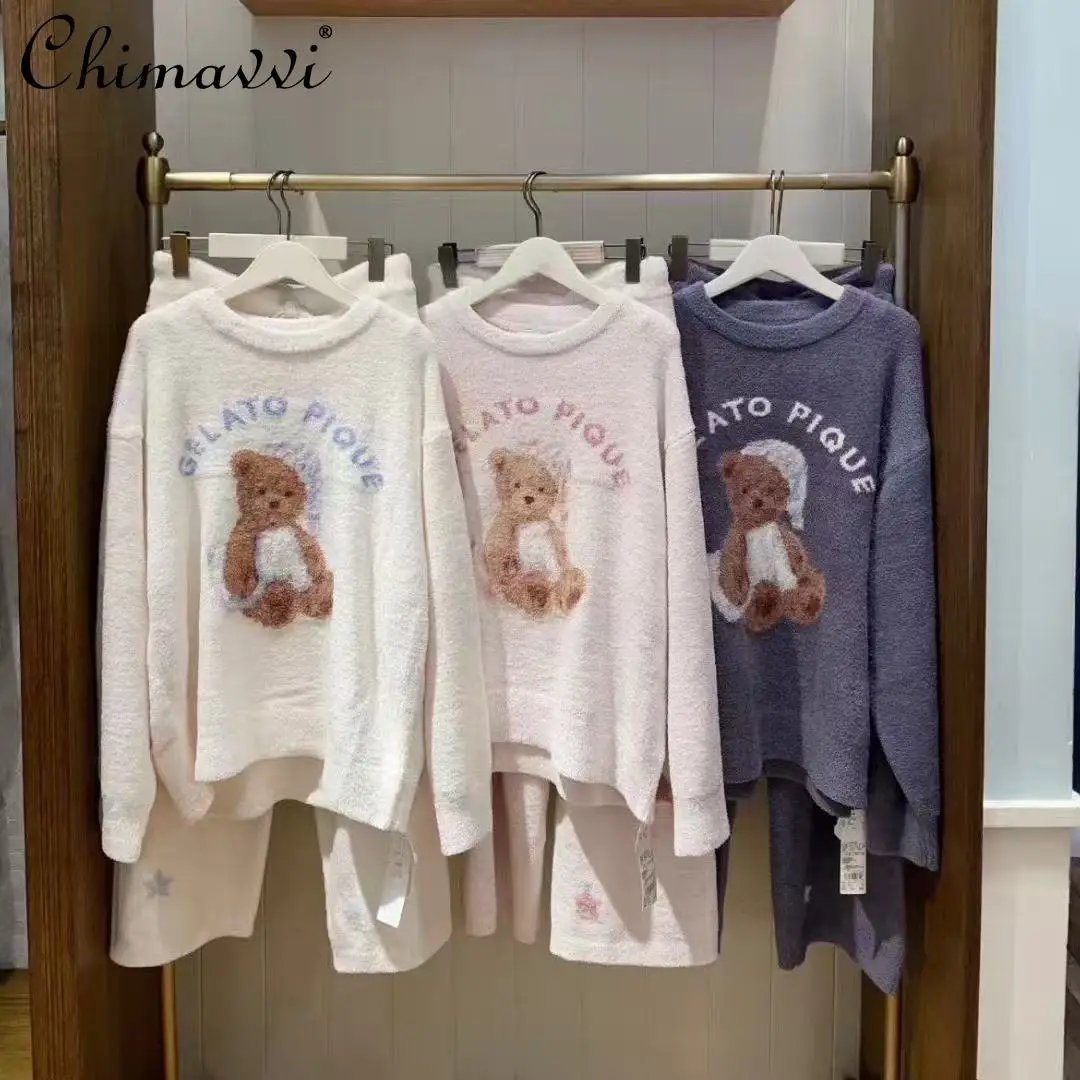 

Осень и зима, новый японский стиль, милый милый пушистый пижамный комплект, длинные брюки с длинными рукавами, свободная мягкая утолщенная домашняя одежда