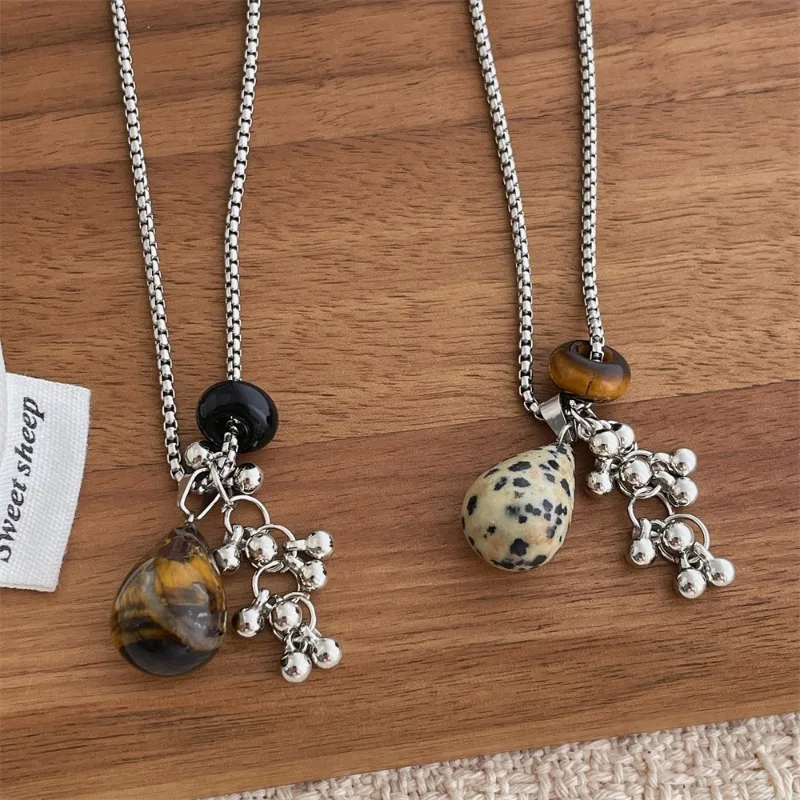 Minar Vintage Dot Natural Stone Tigereye Metal Beads Grape Strand Pendant Necklaces for Women Silver Plated Box Sweater Chain