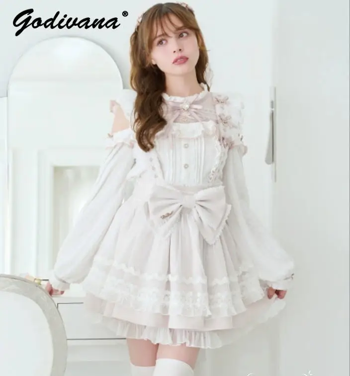 

Japanese Style Liz New Mass-Produced Lolita Shirts Sweet Cute Girl Women's Lace Patchwork Off-Shoulder Blouse Blusas Tops