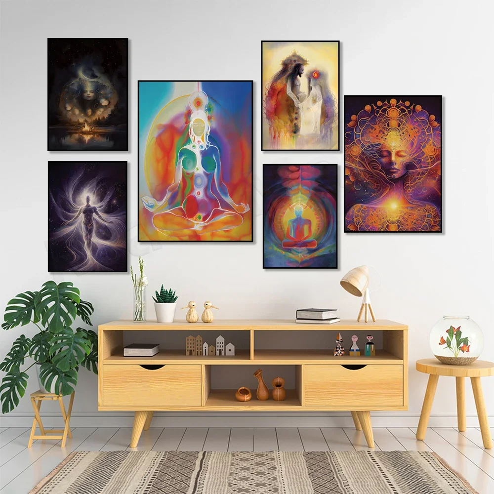Spiritual fantasy art, celestial eye meditation galaxy goddess, calm peace, mindfulness, pregnancy poster, yoga studio decor