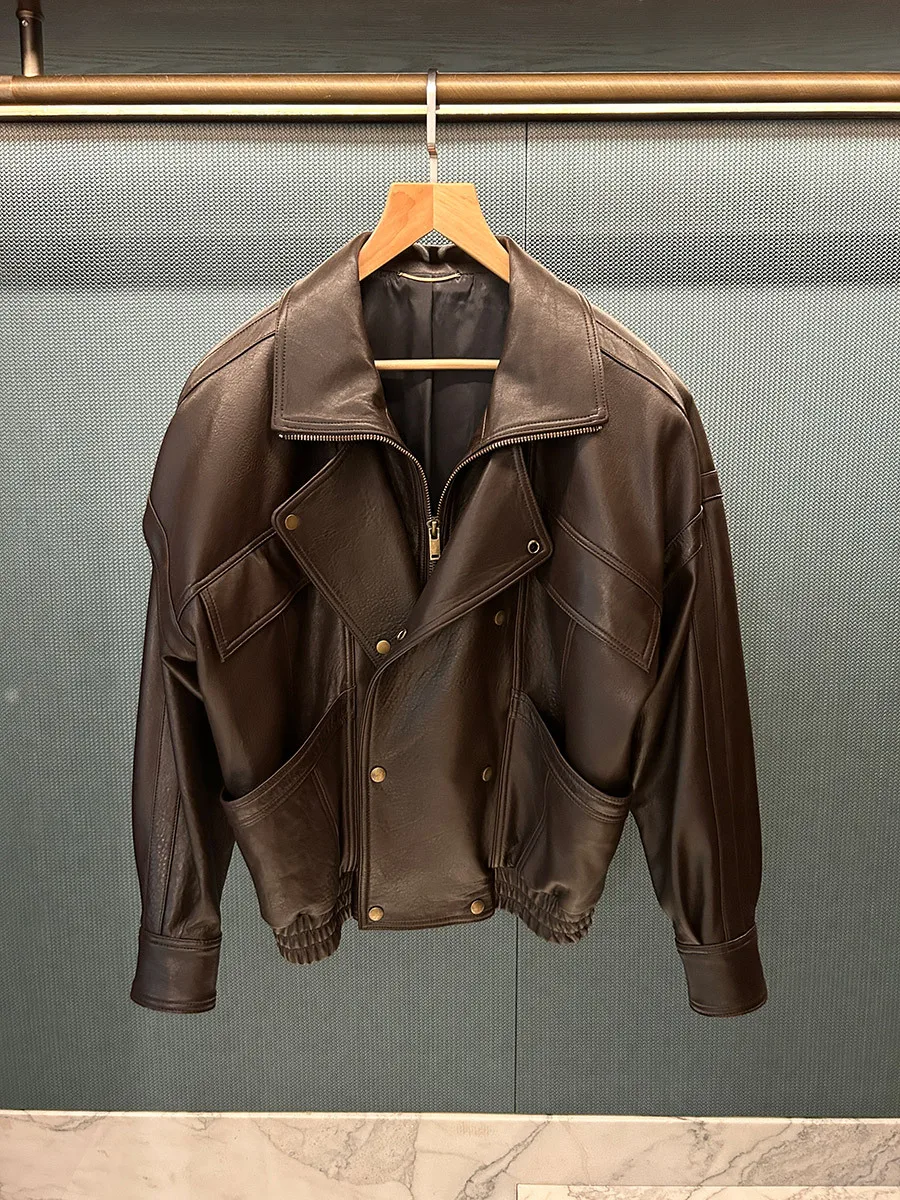 Natural-Patterned Sheepskin Motorcycle Jacket Flight Jacket