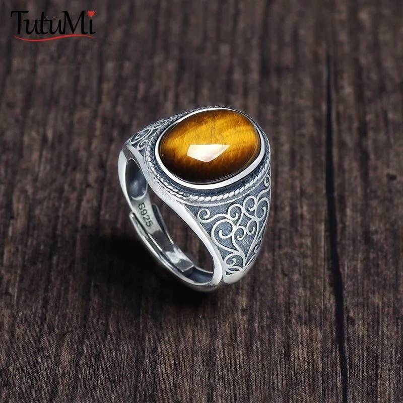 

925 Sterling Silvr Vintage Silver Natural Tiger's Eye Stone Retro Style Large Stone Men's Ring Finger Rings Fine Jewelry